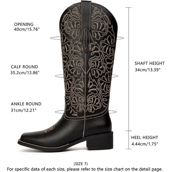 Women's Black Embroidered Square Toe Pull on Cowgirl Western Chunky Heel Boots - Picture 6 of 6